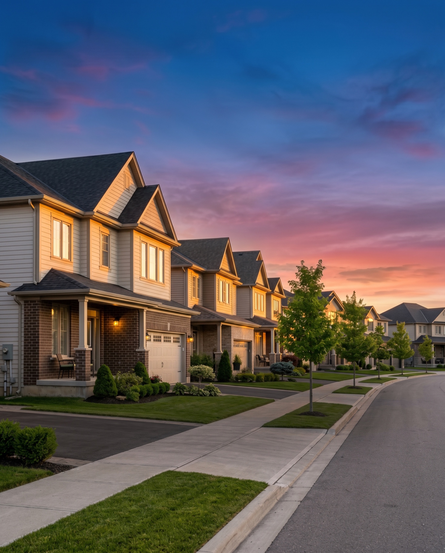 Suburban neighborhood at sunset — homes where real estate agents win listings